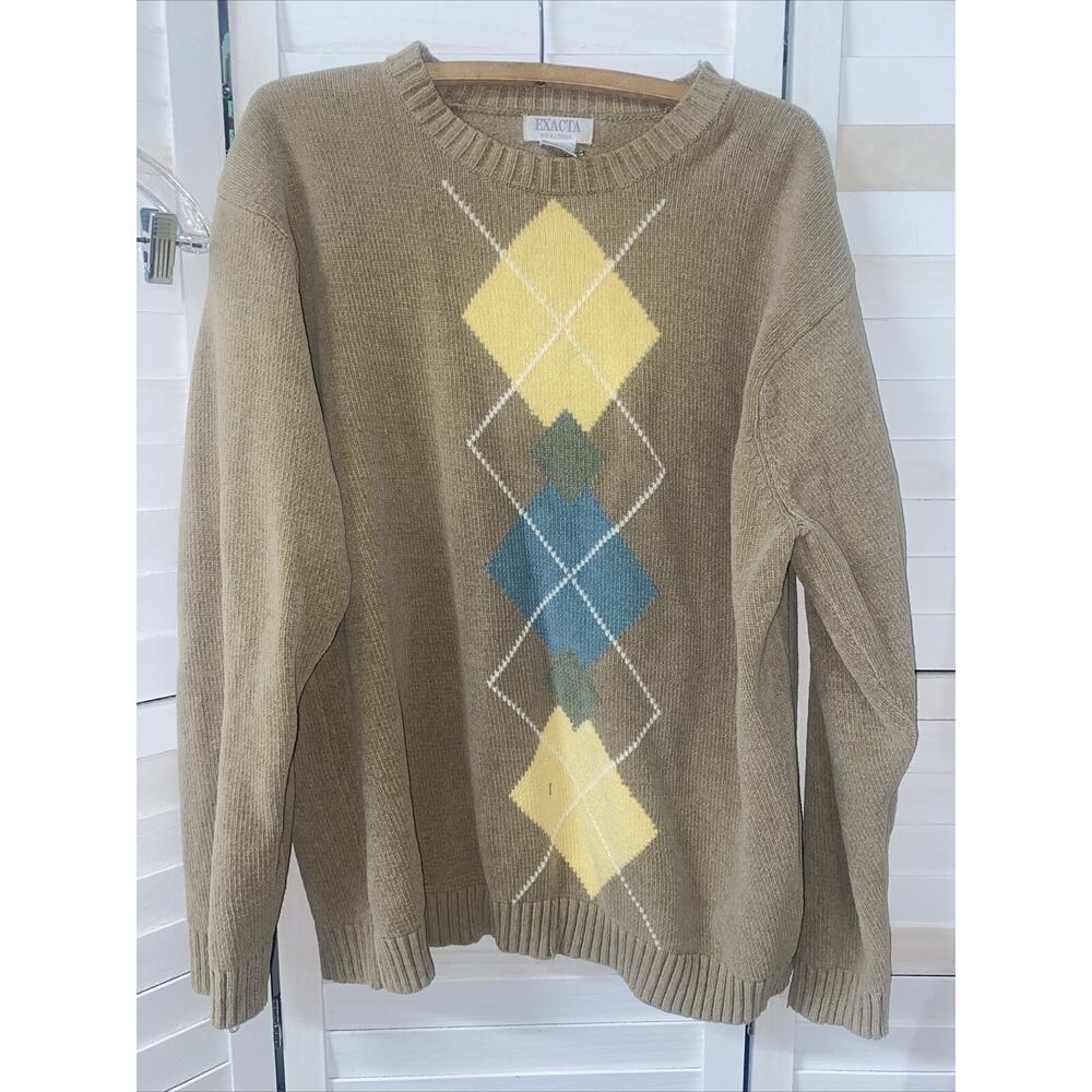 VINTAGE Exacta Men’s Knit 100% Cotton Sweater Argyle Pullover 90s X-Large